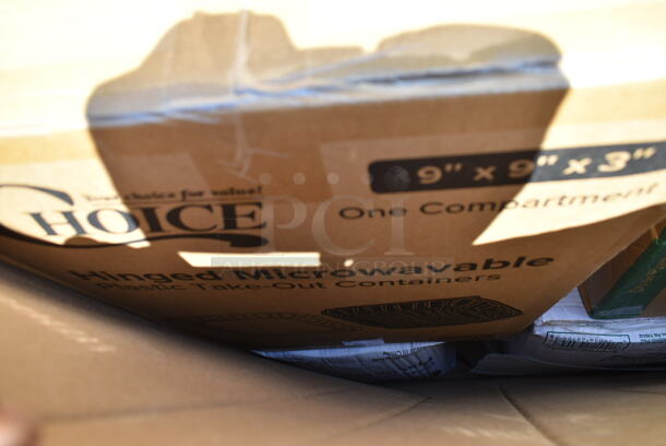 PALLET LOT of 20 BRAND NEW Boxes Including Dart 205HT1 White Foam Take Out Container with Perforated Hinged Lid 9" x 6" x 3" - 200/Case, 5002WRAPNAP Natural Kraft 1/4 Fold Dinner Napkin 16" x 16, 394365L Noble Products Powder-Free Disposable Vinyl Gloves for Foodservice - 1000/Case, 485WJ7TN Choice 7 3/4" Jumbo Clear Wrapped Straw - 12000/Case, 795KFTL50PE Choice 44-50 oz. Round PET Take-Out Lid - 300/Case, Dart 90HTPF1R White Foam Square Take Out Container with Hinged Lid 9" x 9" x 3" - 200/Case, 395TO991 EcoChoice 9" x 9" x 3" Compostable Sugarcane / Bagasse 1 Compartment Take-Out Box - 200/Case, 130WSPOONWP Choice Individually Wrapped Medium Weight White Plastic Teaspoon - 1000/Case. 20 Times Your Bid!  - Image 3 of 12