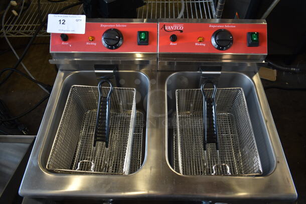 BRAND NEW SCRATCH AND DENT! Avantco 177F202 Stainless Steel Commercial Countertop Electric Powered 2 Bay Deep Fat Fryer w/ 2 Fry Baskets and 2 Lids. 208/240 Volts, 1 Phase.  - Image 3 of 4