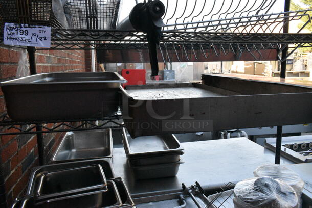 Green Finish 4 Tier Wire Shelving Unit on Commercial Casters w/ Contents including Baskets, Stainless Steel Drop In Bins and Metal Baking Pans. BUYER MUST DISMANTLE. PCI CANNOT DISMANTLE FOR SHIPPING. PLEASE CONSIDER FREIGHT CHARGES. - Image 6 of 8