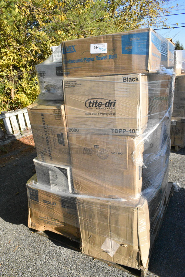 28 BRAND NEW! Boxes Including Lavex Towel Rolls, Tite Dri TDPP-400 Meat Pads, Choice 130BKFKSNSPH Heavy Weight Cutlery Packs, 395RP09 Compostable Plates - 9", Clear Dome Covers, CHoice Plastic Plates. 28 Times Your Bid!  - Image 1 of 12