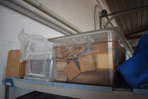 ALL ONE MONEY! Lot of 2 Tiers of Various Items Including Poly Bins, Bags and Various Wooden Pieces - Image 7 of 8