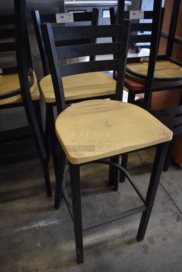 2 Black Metal Bar Height Chairs w/ Yellow Seats. 18.5x18x43.5. 2 Times Your Bid! - Image 2 of 4