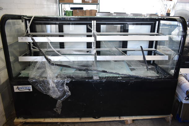BRAND NEW SCRATCH AND DENT! Avantco 193BC72HCB Metal Commercial 72" Curved Glass Black Refrigerated Bakery Display Case Merchandiser. See Pictures For Broken Glass. 110-120 Volts, 1 Phase. Tested and Powers On But Does Not Get Cold - Image 1 of 7