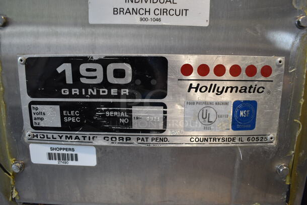 Hollymatic 190 Grinder Stainless Steel Commercial Floor Style Meat Grinder on Commercial Casters. 200 Volts. 36x26x72 - Image 3 of 9