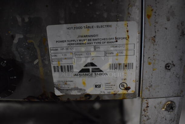 Advance Tabco HF-3E-120 Stainless Steel Commercial Electric Powered 3 Bay Steam Table w/ Under Shelf. 120 Volts, 1 Phase. 47x31x33. Tested and Working! - Image 4 of 5