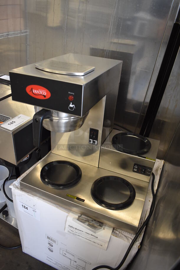 IN ORIGINAL BOX! Avantco C30 Stainless Steel Commercial Countertop 3 Burner Coffee Maker w/ Poly Brew Basket. Used a Few Times at Trade Show. 120 Volts, 1 Phase. 16.5x14.5x16.5. Tested and Working! - Image 2 of 7