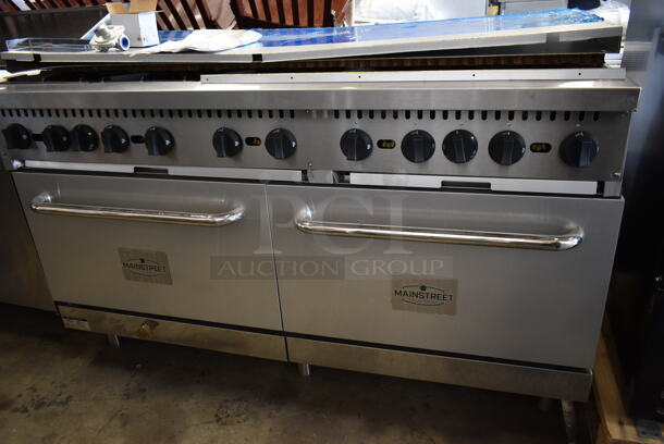 BRAND NEW SCRATCH AND DENT! 2023 Mainstreet 541E60N Stainless Steel Commercial Natural Gas Powered 10 Burner Range w/ 2 Ovens, Over Shelf and Back Splash. Stock Picture Used For Gallery. 360,000 BTU. - Image 5 of 12