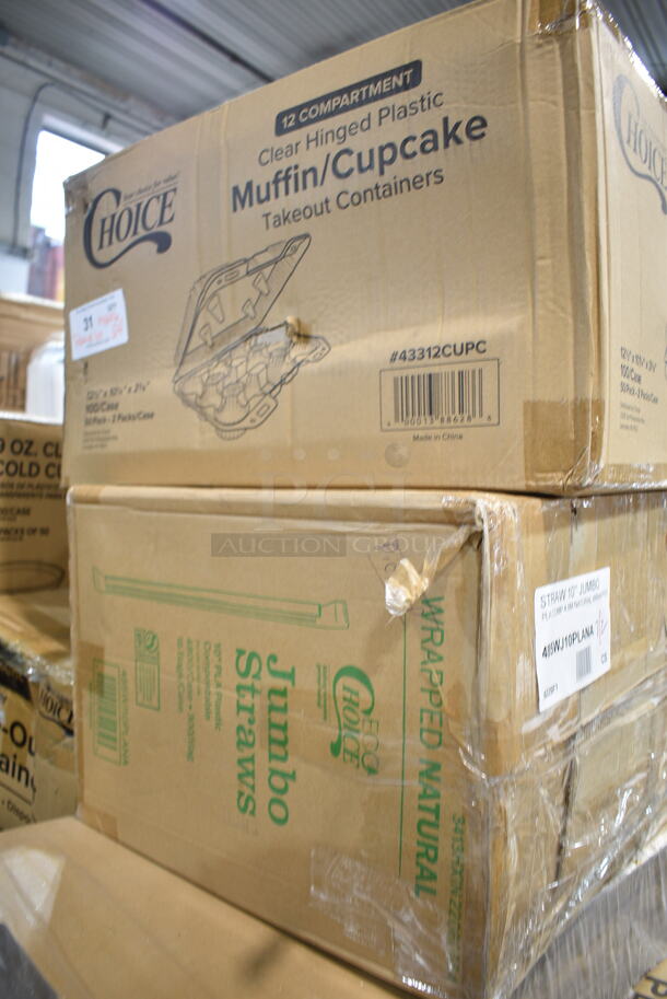 PALLET LOT of 24 BRAND NEW Boxes Including 90HT3 Dart Foam Containers, 16RCLBLK Dart Optima Black Travel Lid, 2 Box 500CC32P Plastic Cold Cup, 43312CUPC Choice 12-Cup Hinged PET Plastic Cupcake / Muffin Container, Choice Jumbo Straws, CH8DEF Dart ClearPAc SafeSeal Tamper-Resistant Hinged Container, BOL-SC-UBB-LF World Centric 32 oz. Compostable Fiber Burrito Bowl Lid - 300/Case, Garde 181ONBLD14 1/4" Blade Assembly for Onion Slicer - 2/Set, 795KFT24 Choice 24 oz. Rectangular Kraft PE-Lined Microwavable Take-Out Container 6 13/16" x 4 13/16" x 2 1/4" - 300/Case, 500CC9 Choice 9 oz. Clear PET Customizable Plastic Squat Cold Cup - 1000/Case, Dart 16J16 16 oz. White Customizable Foam Cup - 1000/Case, 128HD16COMBO ChoiceHD 16 oz. Microwavable Translucent Plastic Deli Container and Lid Combo Pack - 240/Case, 966TALLFLDN Choice Kraft Dispenser Napkin. 24 Times Your Bid!  - Image 6 of 12