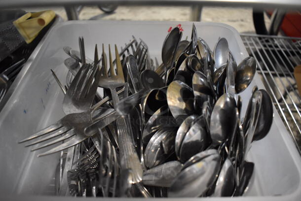 ALL ONE MONEY! Lot of Various Silverware Including Spoons and Forks in Poly Bin - Image 2 of 4