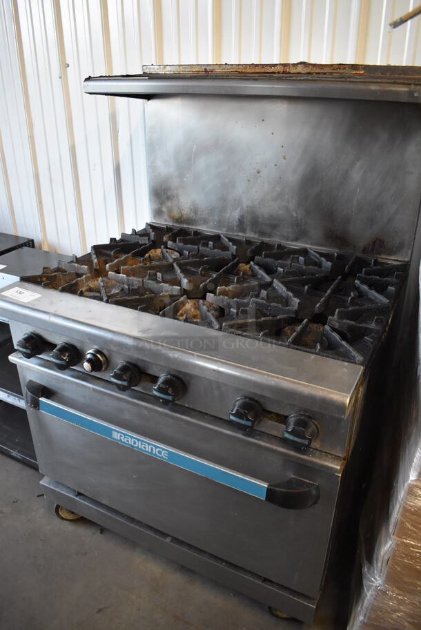 Radiance Stainless Steel Commercial Natural Gas Powered 6 Burner Range w/ Oven, Over Shelf and Back Splash on Commercial Casters. 36x33x57 - Image 2 of 6