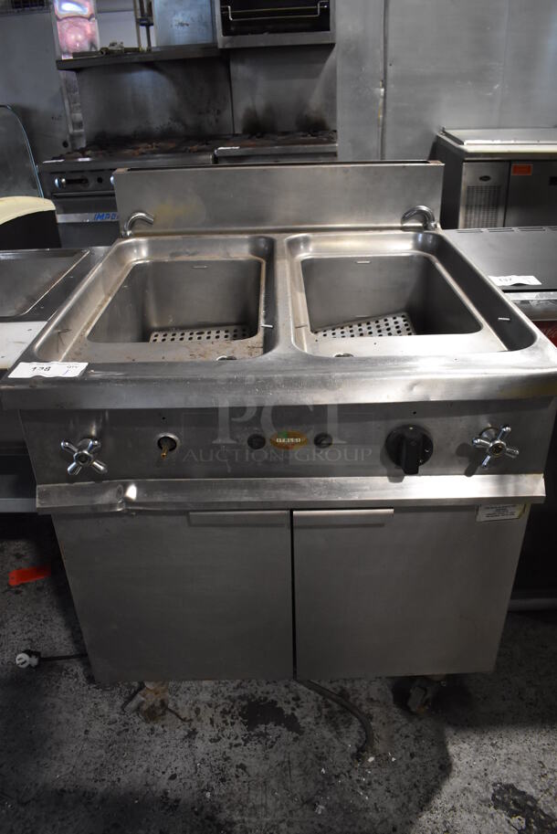 Italigi Stainless Steel Commercial Floor Style Natural Gas Powered 2 Bay Pasta Cooker on Commercial Casters. 32x36x42