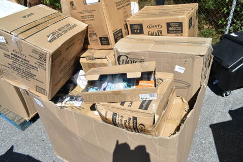 PALLET LOT of 25 BRAND NEW Boxes Including 129MCS323CB Choice Black 3- Compartment Microwavable Heavy Weight Container, 3 Box Dart Y14 Conex Galaxy 14 oz. Translucent Plastic Cold Cup - 1000/Case, 612527PCO Choice 7" Round Standard Weight Foil Take-Out Pan with Dome Lid - 200/Case, 795KFTL50PE Choice 44-50 oz. Round PET Take-Out Lid - 300/Case, 612527PCO Choice 7" Round Standard Weight Foil Take-Out Pan with Dome Lid, Eilat 9" Plates, Lemon Scented Wet Towelette, 612OB4LB Choice 4 lb. Oblong Foil Take-Out Container - 250/Case. 25 Times Your Bid! 