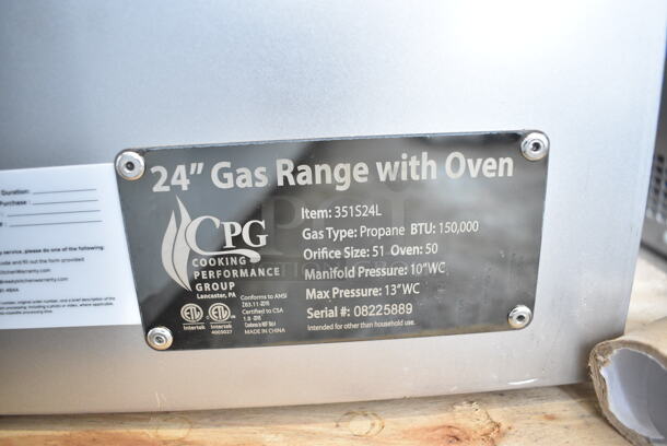 BRAND NEW SCRATCH AND DENT! 2022 Cooking Performance Group CPG 351S24L Stainless Steel Commercial  Liquid Propane 4 Burner 24" Range with Space Saver Oven, Over Shelf and Back Splash. 150,000 BTU. - Image 8 of 8