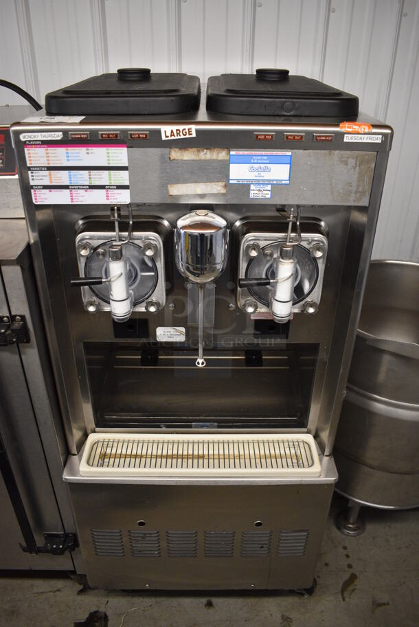 2015 Taylor Model 342D-27 Stainless Steel Commercial Floor Style Air Cooled 2 Flavor Frozen Beverage Machine w/ Drink Mixer Attachment on Commercial Casters. 208-230 Volts, 1 Phase. 26x34x60