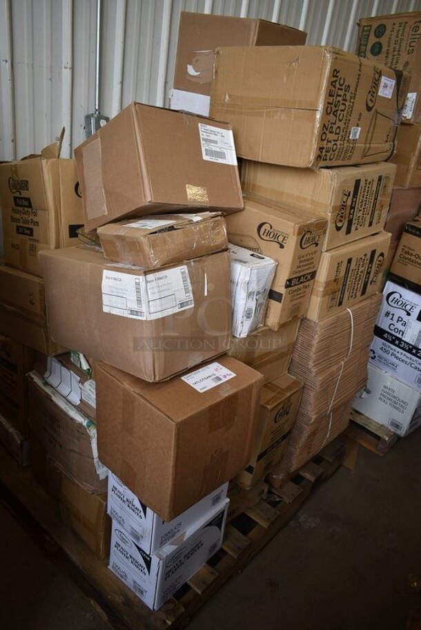 PALLET LOT of 37 BRAND NEW! Boxes Including 2 Box 130HKCL1M Visions Clear Heavy Weight Plastic Knife - Case of 1000, 147LOTSAN1G Noble Chemical 1 Gallon / 128 oz. Low Temp San Concentrated Dish Washing Machine Sanitizer - 4/Case, 267020008 Choice Dominion 8 3/8