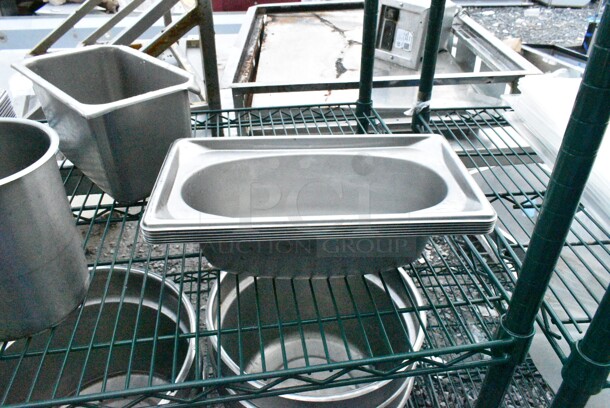 Green Finish 5 Tier Wire Shelving Unit on Commercial Casters w/ Contents Including Stainless Steel Cylindrical Bins. BUYER MUST DISMANTLE. PCI CANNOT DISMANTLE FOR SHIPPING. PLEASE CONSIDER FREIGHT CHARGES.  - Image 9 of 10