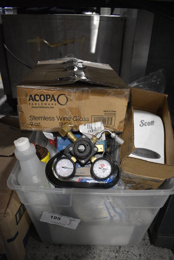 ALL ONE MONEY! Lot of Various Items Including Acopa Stemless Wine Glasses, Scott White Poly Dispenser, Various Cleaner and Gauge in Clear Poly Bin!