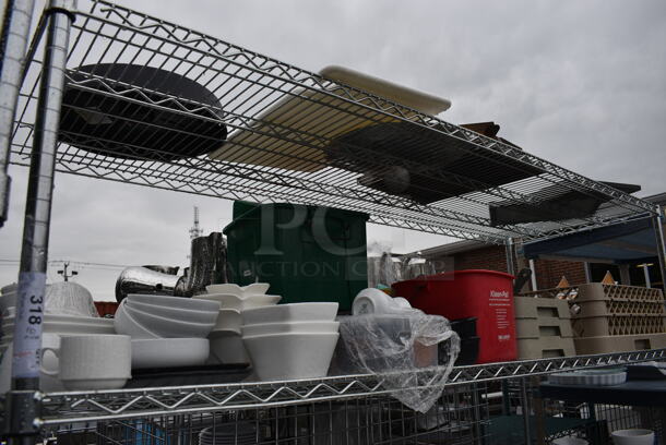 ALL ONE MONEY! Lot of 5 Tiers of Various Smallwares Including White Ceramic Plates, Dish Caddy, Scales, Cake Stands. Does Not Include Shelving Unit - Image 2 of 8