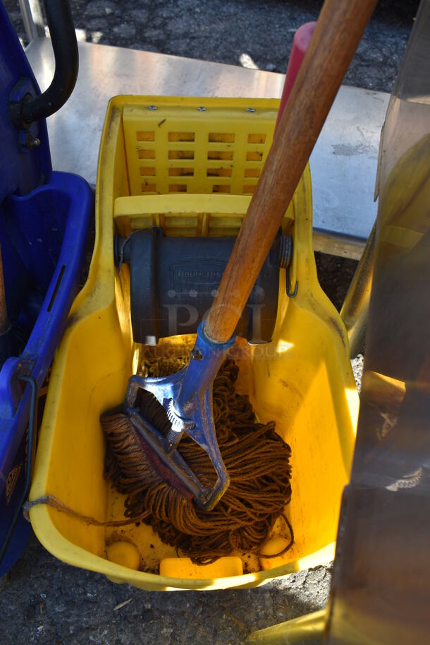 3 Various Poly Mop Buckets w/ Wringing Attachment and Mop on Commercial Casters; 2 Yellow and 1 Blue. Includes 16x22x35. 3 Times Your Bid! - Image 5 of 7