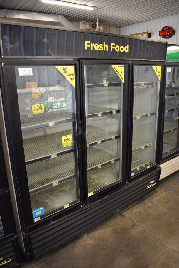 True Model GDM-72 ENERGY STAR Metal Commercial 3 Door Reach In Cooler Merchandiser w/ Poly Coated Racks. 115 Volts, 1 Phase. 78x30x79. Tested and Powers On But Does Not Get Cold