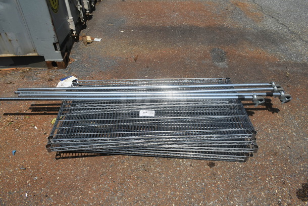 ALL ONE MONEY! Lot of 6 Chrome Finish Wire Shelves and 4 Poles on Commercial Casters - Image 1 of 3