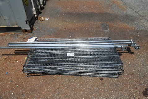 ALL ONE MONEY! Lot of 6 Chrome Finish Wire Shelves and 4 Poles on Commercial Casters