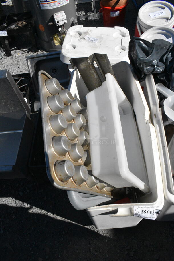 2 White Poly Ingredient Bin w/ Contents Including Muffin Baking Pans and Bins. Does Not Include Shelving Unit. 2 Times Your Bid! - Image 2 of 12