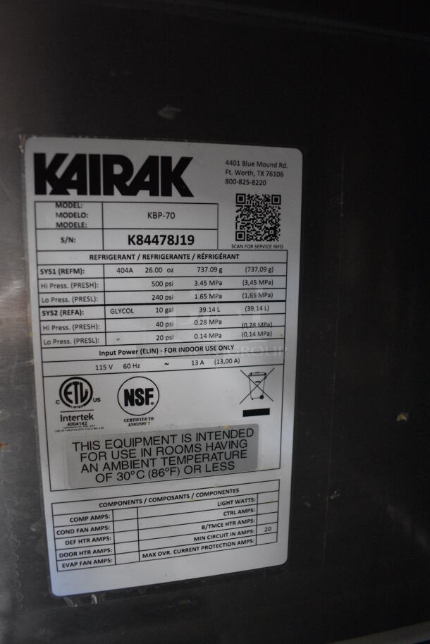 Kairak Model KBP-70 Stainless Steel Commercial Prep Table on Commercial Casters. 208 Volts, 1 Phase. 70x32x40 - Image 7 of 7