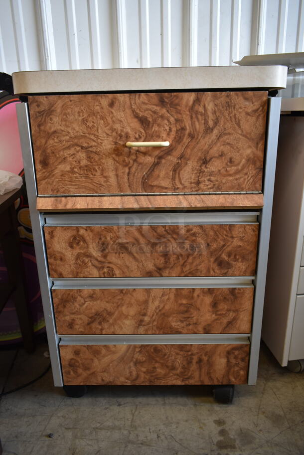 Brown Wood Pattern Counter w/ 4 Drawers on Casters. - Image 4 of 8
