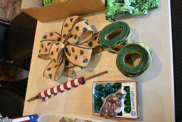 Dining Height Folding Table w/ Contents Including Glasses and St Patricks Day Decor. (booth room)  - Image 4 of 5