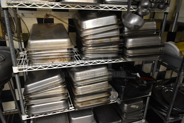 White and Chrome Finish 5 Tier Wire Shelving Unit w/ Contents Including Stainless Steel Drop In Bins. BUYER MUST REMOVE: BUYER MUST DISMANTLE. PCI CANNOT DISMANTLE FOR SHIPPING. PLEASE CONSIDER FREIGHT CHARGES. (kitchen) - Image 3 of 6