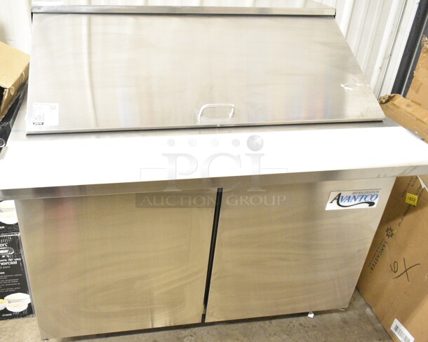 BRAND NEW SCRATCH AND DENT! 2023 Avantco 178SSPT48MHC Stainless Steel 48" 2 Door Mega Top Stainless Steel Refrigerated Sandwich Prep Table on Commercial Casters. 115 Volts, 1 Phase.  Tested and Working! - Image 2 of 8