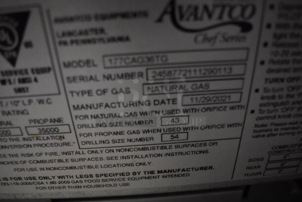 2021 Avantco CAG-36-TG Chef Series Stainless Steel Commercial Countertop Natural Gas Flat Top Griddle. Used a Few Times at Trade Show. 105,000 BTU. 36x29x16. Tested and Working! - Image 5 of 6