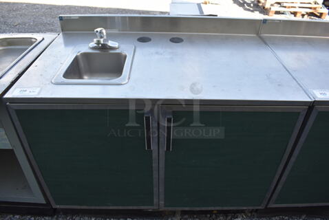 Duke Stainless Steel Commercial Counter w/ Sink Basin, Faucet and 2 Green Wood Pattern Doors and Back Splash. 48x30x40