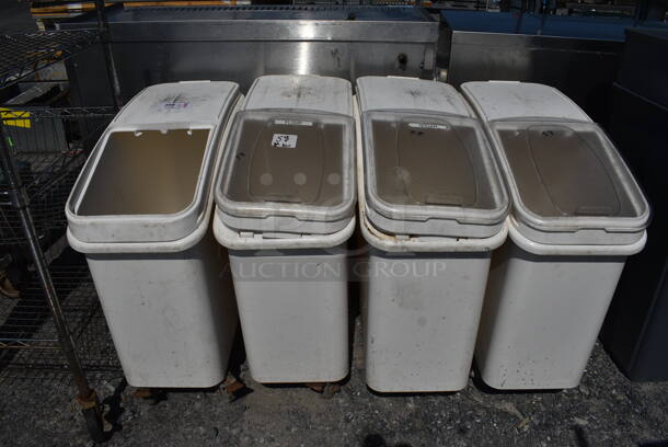 4 White Poly Ingredient Bins on Commercial Casters. Missing 1 Lid Piece. 12.5x29x29. 4 Times Your Bid!