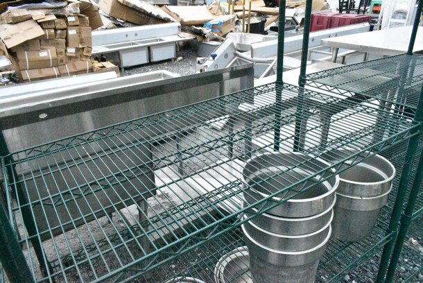 Green Finish 5 Tier Wire Shelving Unit on Commercial Casters w/ Contents Including Stainless Steel Cylindrical Bins and Stainless Steel Drop In Bins. BUYER MUST DISMANTLE. PCI CANNOT DISMANTLE FOR SHIPPING. PLEASE CONSIDER FREIGHT CHARGES. - Image 2 of 8
