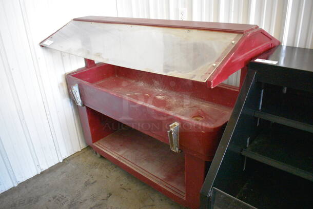 Red Poly Floor Style Portable Buffet Station w/ Sneeze Guard on Commercial Casters. 63x33x52.5