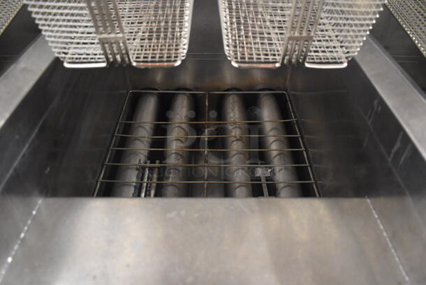 2011 Dean SCFSM350GNS Stainless Steel Commercial Floor Style Natural Gas Powered 3 Bay Deep Fat Fryer w/ 6 Metal Fry Baskets and Filtration System on Commercial Casters. 105,600 BTU. 47x30x51 - Image 3 of 11