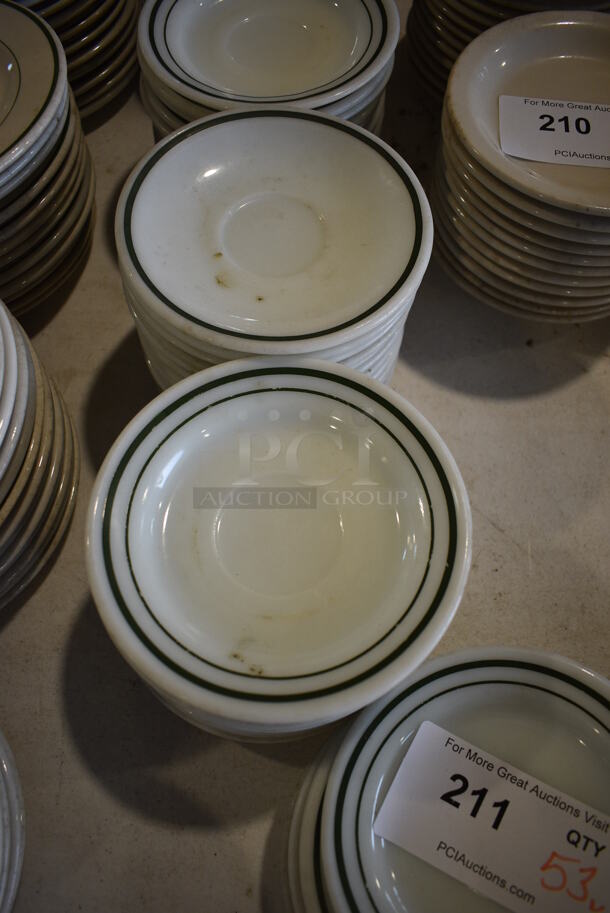 53 White Ceramic Saucers w/ Green Lines on Rim. 6x6x1. 53 Times Your Bid! - Image 3 of 4