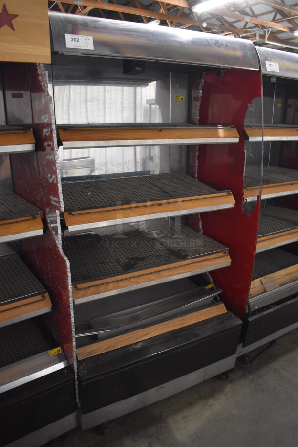 Fri-jado MD40-4 SB Stainless Steel Commercial Floor Style Open Grab N Go Heated Merchandiser w/ Metal Shelves on Commercial Casters. Both Side Panels Have Damage - See Pictures. 208 Volts, 1 Phase. 39.5x30.5x79