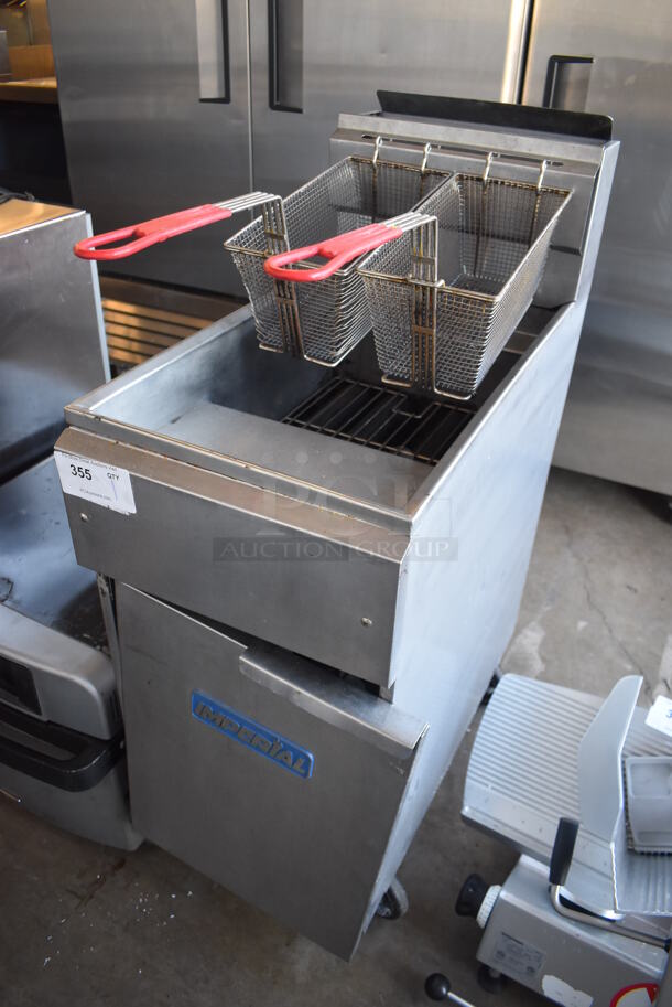 Imperial Stainless Steel Commercial Floor Style Natural Gas Powered Deep Fat Fryer w/ 2 Metal Baskets on Commercial Casters. 15.5x31x46 - Image 2 of 7