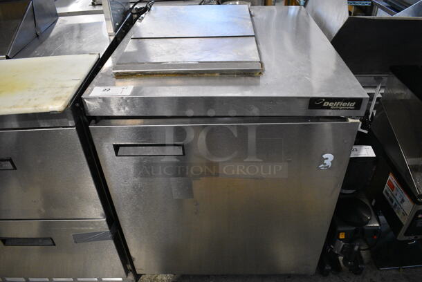 Delfield UC4427N-6M-DD1 Stainless Steel Commercial Prep Table on Commercial Casters. Lid is Sealed Shut. 115 Volts, 1 Phase. 32x32x35. Tested and Does Not Power On - Image 1 of 7