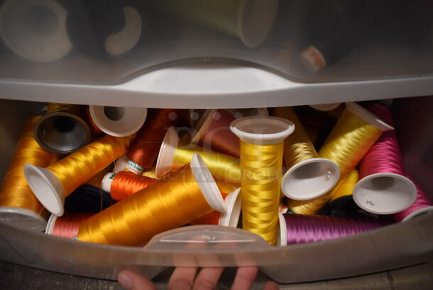 Expert Metal Commercial Floor Style Embroidery Machine on Commercial Casters w/ 2 Tiers Worth of Extra Parts, White 3 Drawer Cabinet of Thread and Pattern Board. Includes 25x34x64 - Image 7 of 12