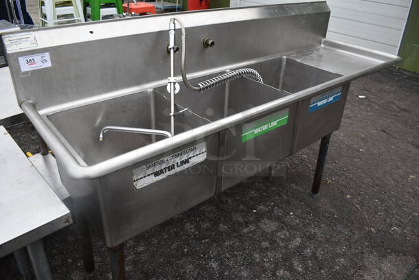 Stainless Steel Commercial 3 Bay Sink w/ Right Side Drain Board, Faucet, Handles and Spray Nozzle Attachment. 76x24x46. Bays 18x18x12. Drain Board 18x21x1 - Image 6 of 6