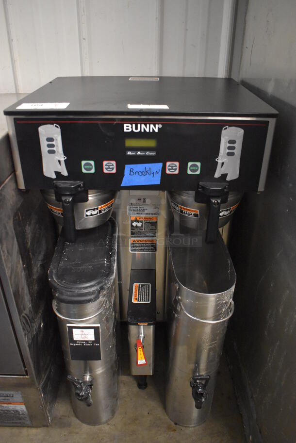 2017 Bunn DUAL TF DBC Stainless Steel Commercial Countertop Coffee Machine w/ Hot Water Dispenser and 2 Metal Beverage Holders. 120/208-240 Volts, 1 Phase. 22x26x36