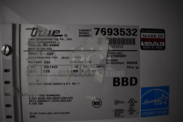 2013 True T-49F ENERGY STAR Stainless Steel Commercial 2 Door Reach In Freezer w/ Poly Coated Racks on Commercial Casters. 115 Volts, 1 Phase. 54x30x83. Tested and Working! - Image 3 of 7