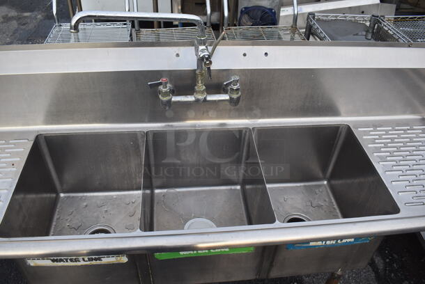 Stainless Steel 3 Bay Sink w/ Dual Drain Boards, Faucet and Handles. 72x22x44. Bays 14x16x12. Drain Boards 13x18x1 - Image 4 of 5