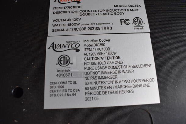 BRAND NEW IN BOX! Avantco 177IC18DB Stainless Steel Commercial Countertop Electric Powered Double Burner Induction Range. 120 Volts, 1 Phase. 26x15.5x3. Tested and Working! - Image 6 of 6
