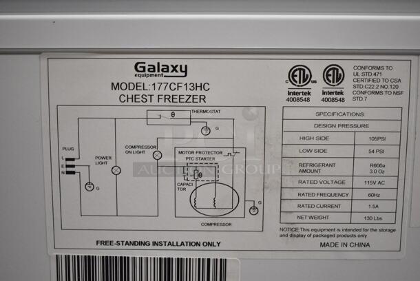 BRAND NEW SCRATCH AND DENT! Galaxy 177CF13HC Commercial Chest Freezer - 12.7 cu. ft. 115 Volts, 1 Phase. Tested and Working! - Image 5 of 5