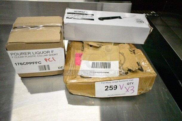 3 BRAND NEW SCRATCH AND DENT! Various Items Including 176CPPFFC Choice Short Free Flow Clear Liquor Pourer with Collar - 12/Pack, 26720301 Acopa 4 3/4" Steak Knife with Jumbo Black Bakelite Handle - 12/Pack, 8" Cast Iron Unit. 3 Times Your Bid!  - Image 2 of 5